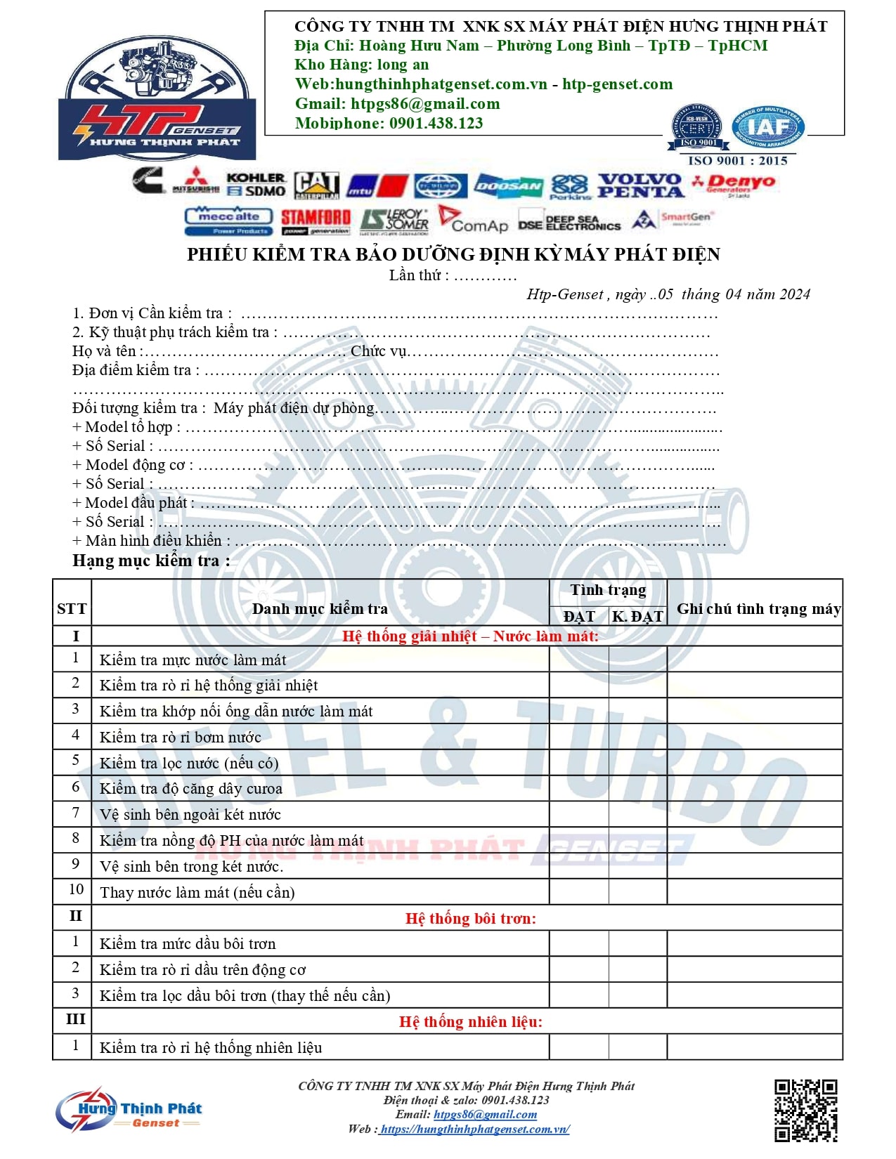 Quy trình kiểm tra bảo dưỡng, bảo trì máy phát điện Pdf
