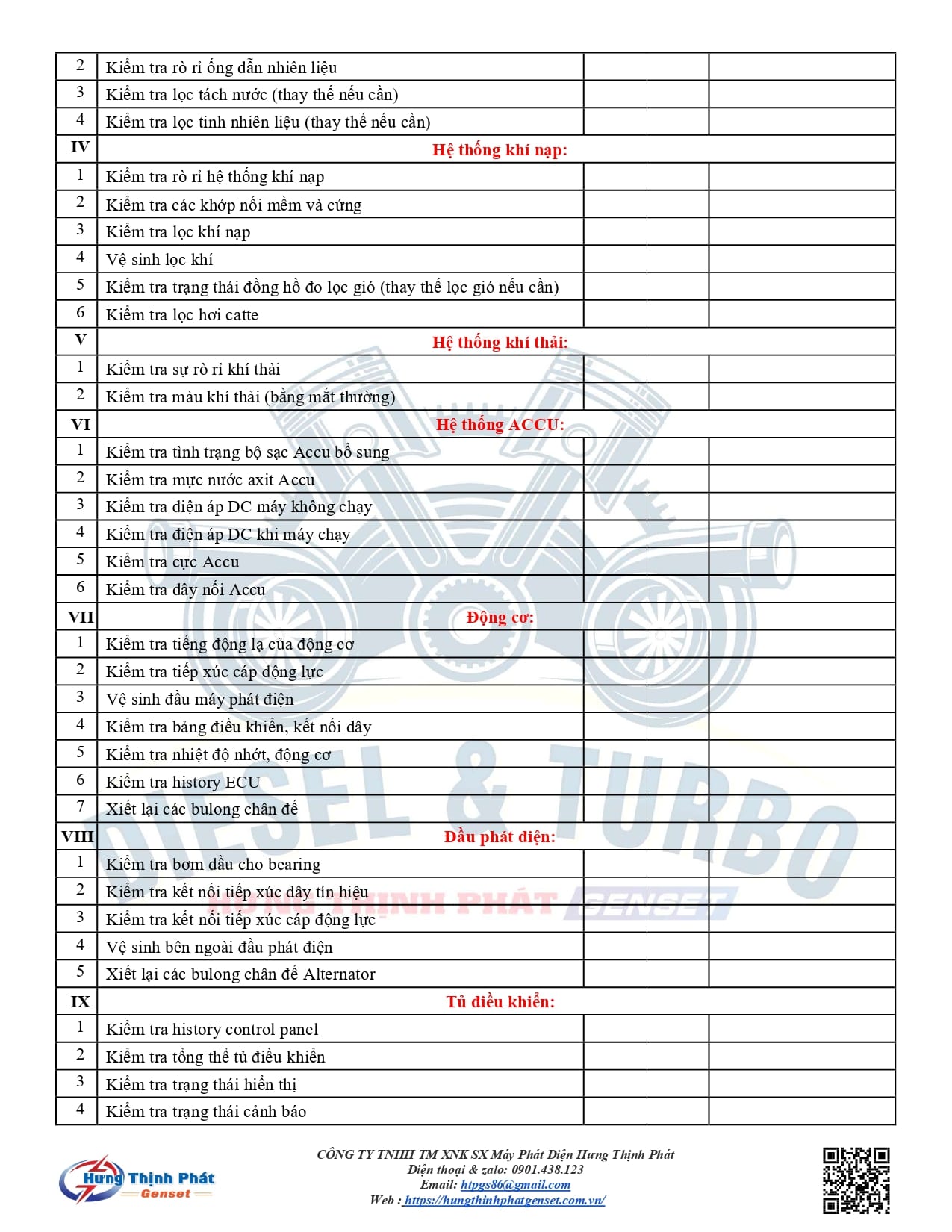 Quy trình kiểm tra bảo dưỡng, bảo trì máy phát điện Pdf