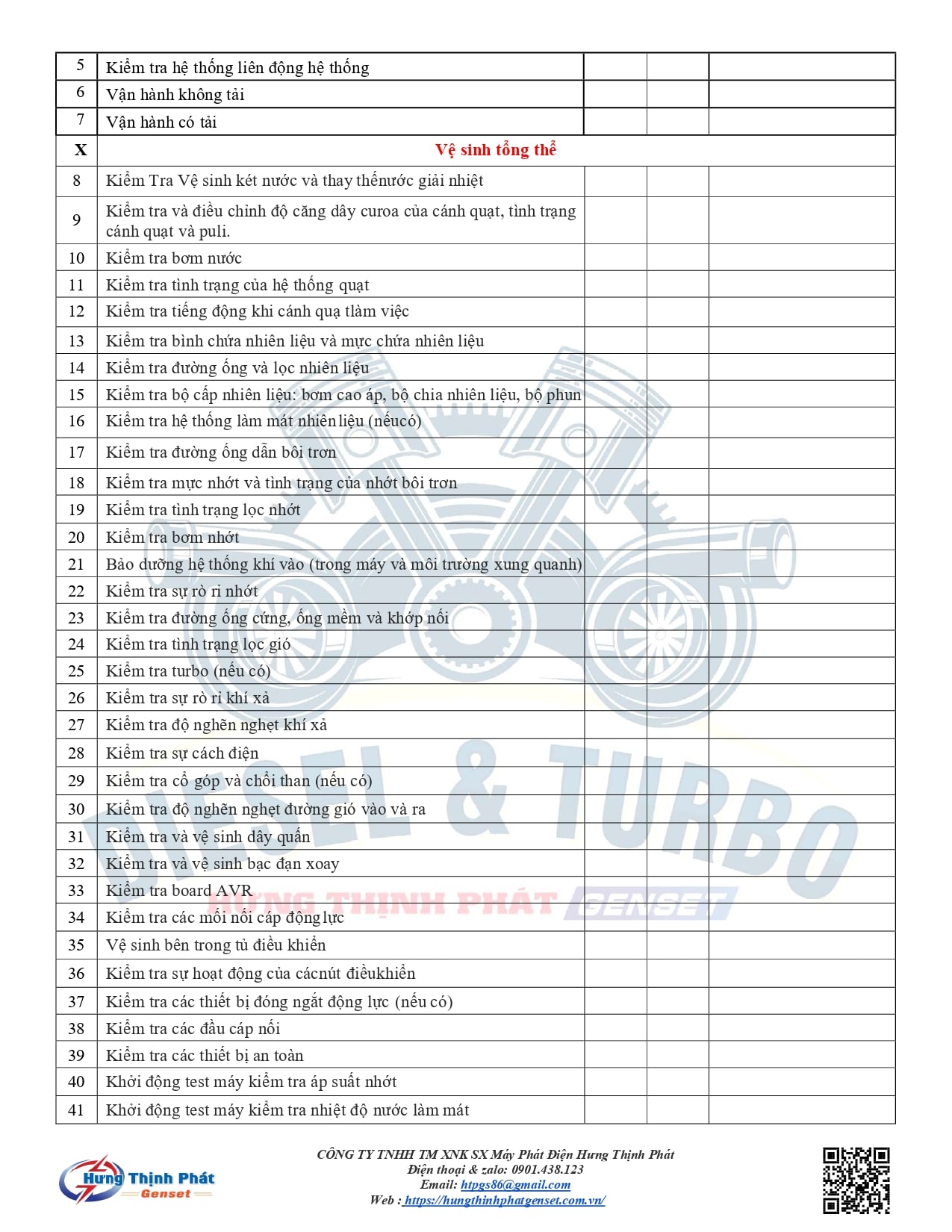 Quy trình kiểm tra bảo dưỡng, bảo trì máy phát điện Pdf